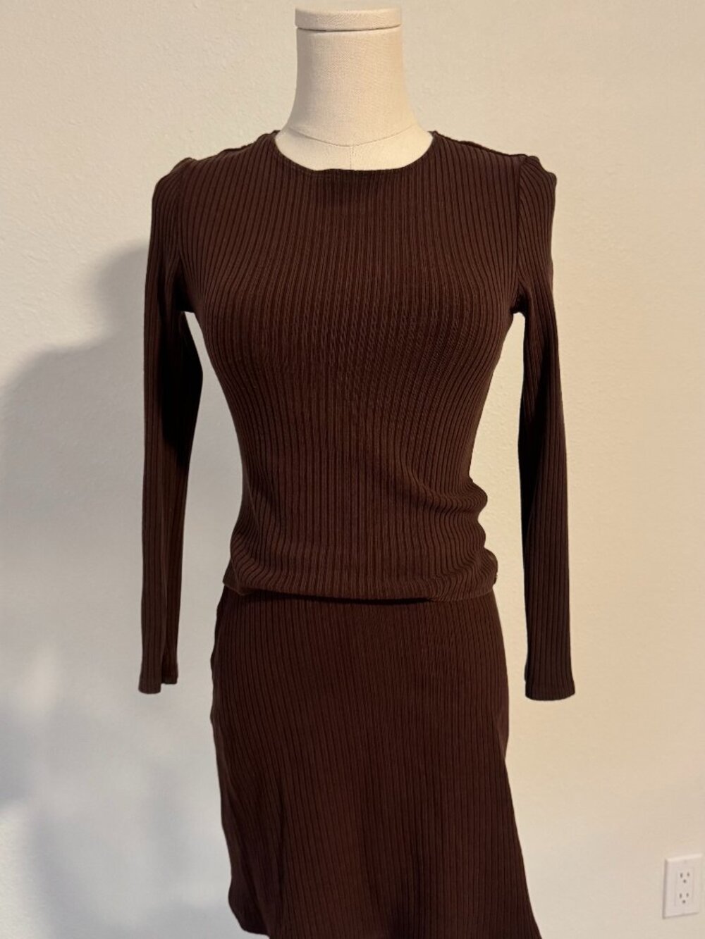 Reformation Brown Ribbed Knit Top and Skirt Set Size S Matching